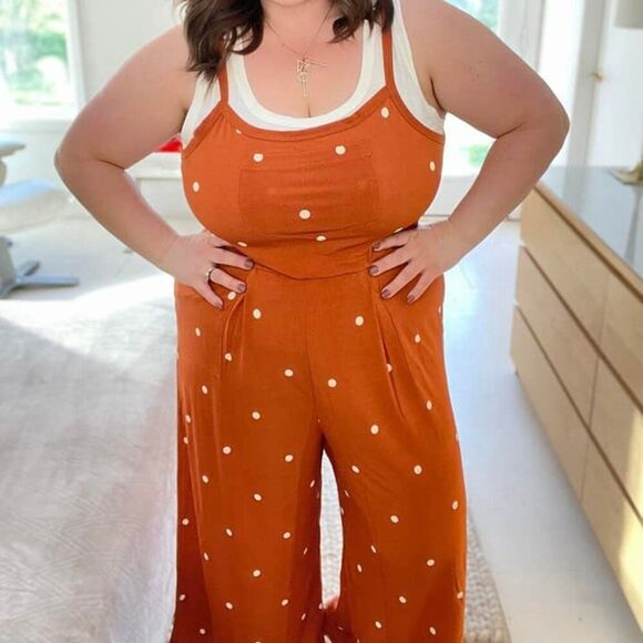 NEW LuLaRoe Leola Wide Leg Cami Jumpsuit Orange Pumpkin Polka Dot White NWT BOHO - Picture 9 of 9